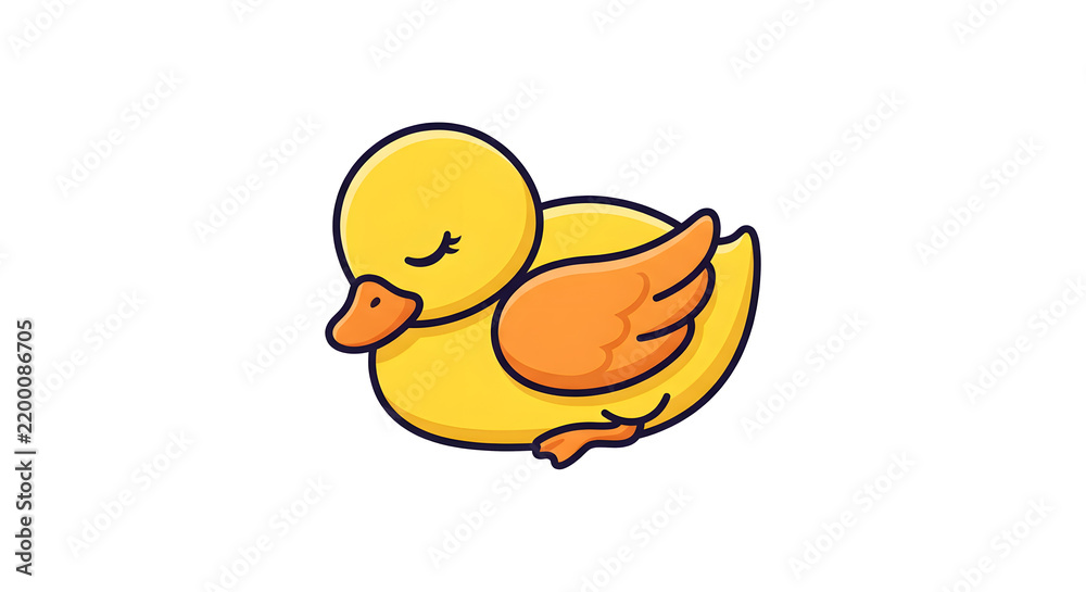 Fototapeta premium Adorable cartoon yellow duck with closed eyes, peacefully resting on a black background