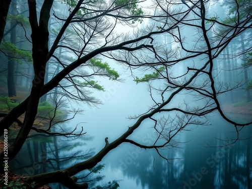 Geometric shapes formed by tree branches intersecting at a misty forest lake, || foggy, forest scenery