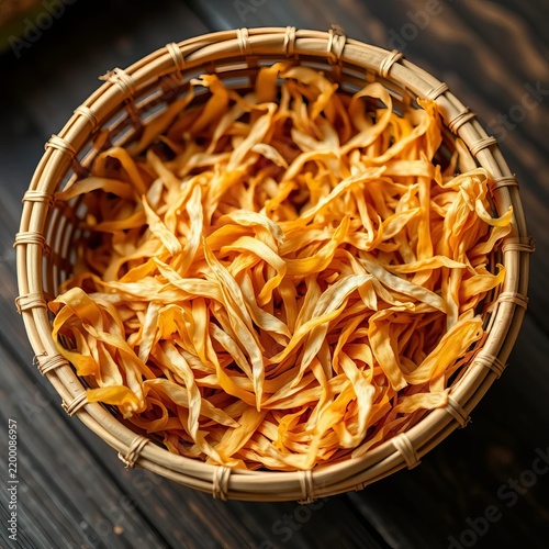 Dried shredded bean curd skins arranged in traditional bamboo basket, beige, soybeans