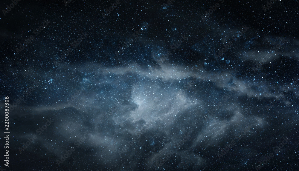 Fototapeta premium Dramatic deep space scene featuring the Milky Way stretching across a dark star-filled sky, with stars, cosmic clouds creating a mysterious panorama. Elements of this image furnished by NASA