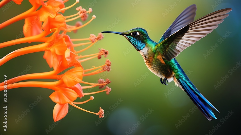 Fototapeta premium Hummingbird feeding on nectar from bright orange flowers in garden.