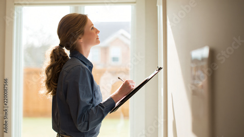 real estate professional inspecting the interior condition of a residential property, examining walls and fixtures with a clipboard, realistic property assessment, natural daylight,