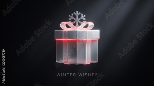 Futuristic Christmas present featuring glowing red bow and silver trim on black background
