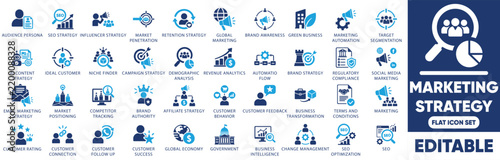 Marketing strategy icon set. featuring audience persona, target segmentation, brand awareness, campaign strategy, and customer retention.
