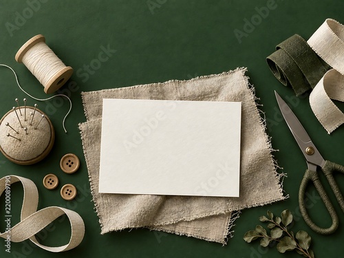 A blank white card on a piece of linen fabric on a dark green background, surrounded by sewing supplies like thread spools, needles, buttons, and scissors