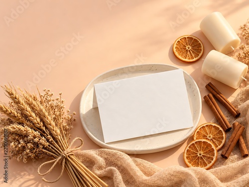 A blank white greeting card placed on a circular stone plate surrounded by dried wheat stalks, cinnamon sticks, dried orange slices, and two white candles on a beige surface