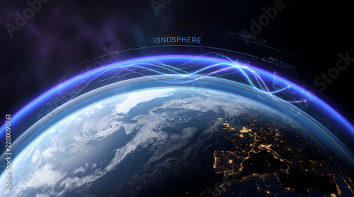 Detailed scientific illustration of Earth's ionosphere depicting electromagnetic wave propagation and reflection. This graphic visualizes global communication technology, radio signal transmission,...