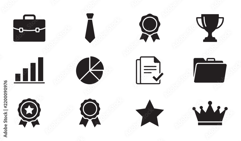 Fototapeta premium Business Achievement Icons Set: Briefcase, Tie, Award Ribbons, Trophy, Chart, Pie Chart, Document, Folder, Star, Crown, Vector Graphics for Success Concepts