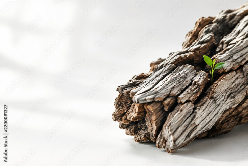 Fototapeta premium Gnarled tree bark slab with green shoot emerging, resilience and renewal concept