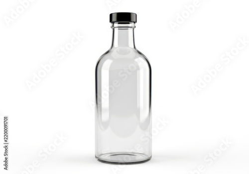 Empty transparent glass bottle with black screw cap for liquid product storage