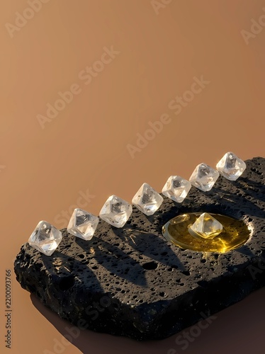 Eight raw uncut natural diamond crystals aligned on basalt slab with one immersed in olive oil, Hanukkah miracle and eternal light concept with vast clean copy space   