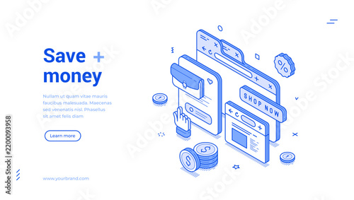 Modern isometric banner template for financial savings and online shopping. Vector illustration of e-commerce concept. Line art design for a digital store cashback or discount landing page