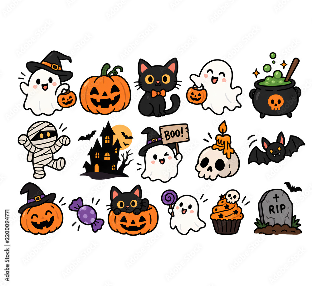 Fototapeta premium Cute Halloween Sticker Pack Isolated on Transparent Background