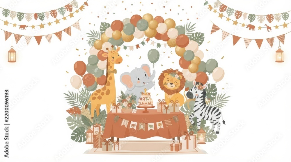 Obraz premium A baby shower party with animal decorations, balloons, gifts, and a cake on a table. Its a festive environment.