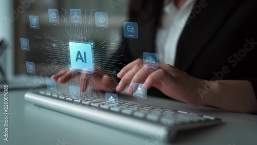 A person types on a keyboard. A connected AI system brings learning and memory together with language capabilities, supporting a concept of adaptable assistance and intelligent automation