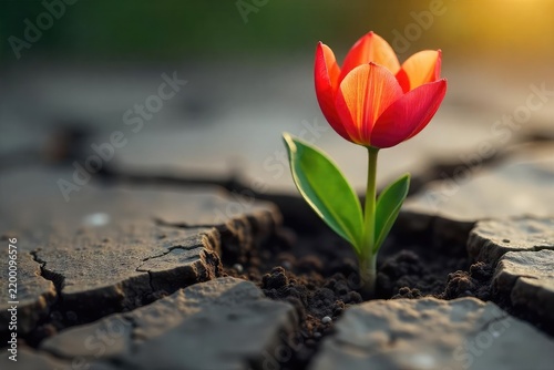 A single, vibrant flower pushing through cracked earth, symbolizing rebirth and renewal after a period of dormancy or hardship , spring, botany