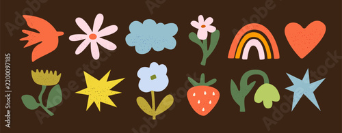Groovy naive elements set with hippie flowers, strawberry, rainbow and stars in retro style for stickers, labels, scrapbooking. Cute nature vector illustration