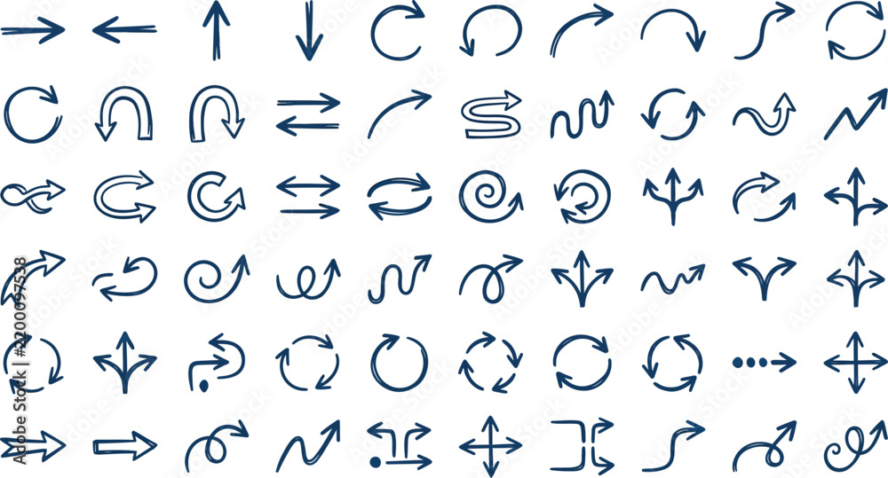Fototapeta premium Collection of various hand drawn arrow icons and doodle design elements on a white background