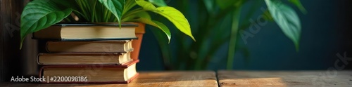 A stack of books cleverly concealed behind a potted plant, creating a secret reading nook  The scene evokes mystery and a love of literature ,  cluttered,  leaves,  textbooks