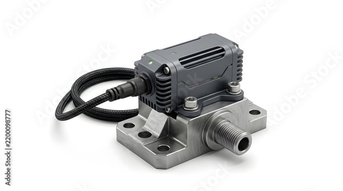 Industrial vibration sensor mounted on a metal base with a wired connector