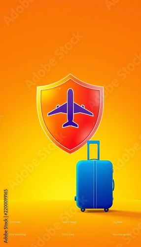 Digital shield icon with airplane symbol and modern travel bag silhouette, conveying reliable protection on a journey, secure, digital shield