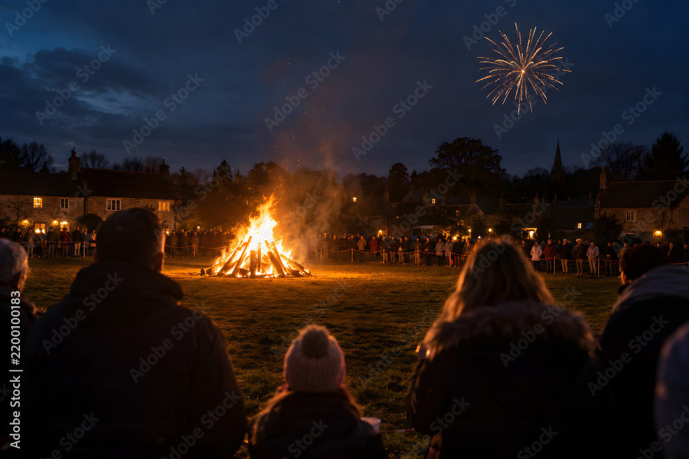 Obraz premium Community gathering around bonfire with fireworks at night sky