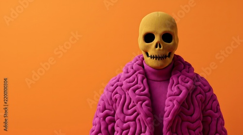 Surreal portrait of a skull-headed figure wearing a pink brain-textured coat against an orange background, illustrating cognition, mortality, identity and avant-garde fashion.