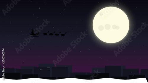 Santa Claus Sleigh Flying Over City Skyline Under Full Moon