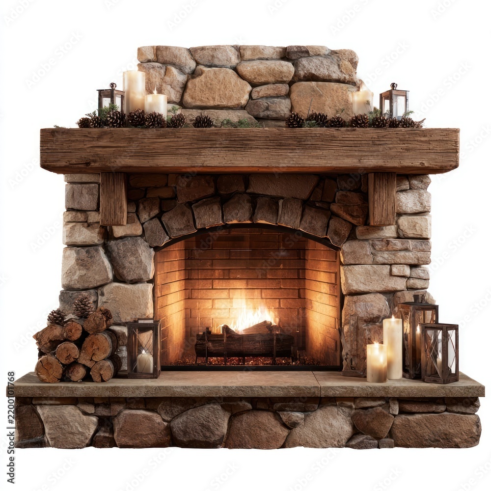 Obraz premium Cozy rustic stone fireplace warmth.