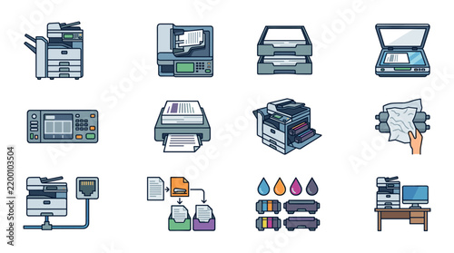 Modern multifunction printer and copier machine icon for office equipment and business documentation services, high-quality flat vector illustration on white background.