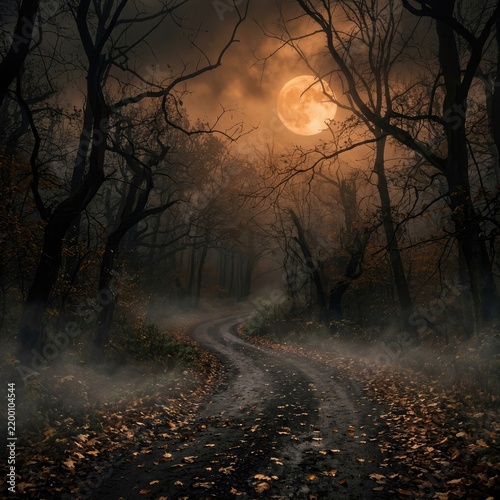 Spooky winding forest road under a glowing full moon at night