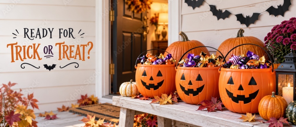 Fototapeta premium Halloween trick or treat display with glowing pumpkin buckets, candy, autumn leaves, and porch decorations beside National Trick or Treat Day October lettering, festive seasonal banner scene
