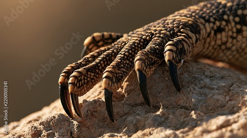 Close up view of a monitor lizard claw gripping a rough rock surface.