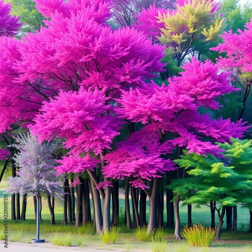 Vibrant trees in shades of pink, purple, blue, and green abstractly swirled, watercolor, whimsical