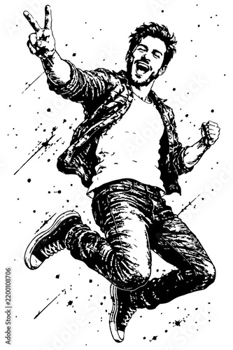 A dynamic ink-style illustration of a young man leaping with a victory peace sign, conveying joy, energy, freedom and celebration through gritty splash textures