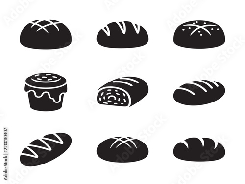 Minimalist black and white vector icons of assorted bakery pastries and breads for food branding and menus