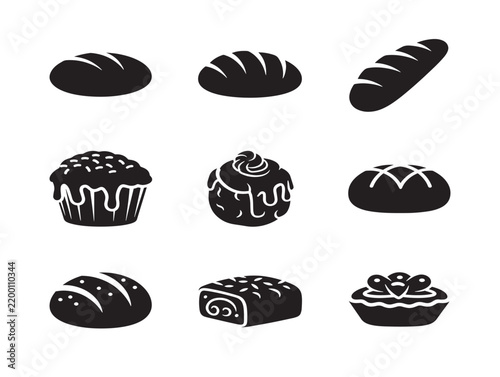 Black and white vector bakery pastries and desserts icon set for food branding and menu design