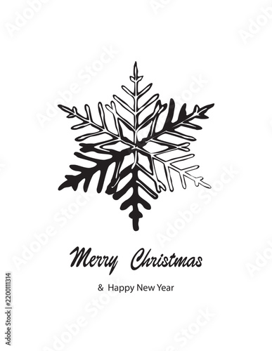 A minimalist monochrome Christmas greeting card vector template featuring a large black hand-drawn snowflake on a white background with Merry Christmas and Happy New Year text.