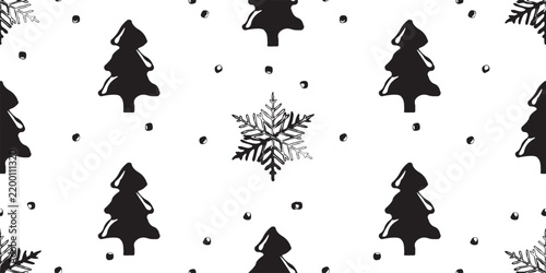 A monochrome winter holiday seamless pattern featuring hand-drawn black silhouettes of Christmas trees, detailed snowflake, and falling snow dots repeating on a clean white background.