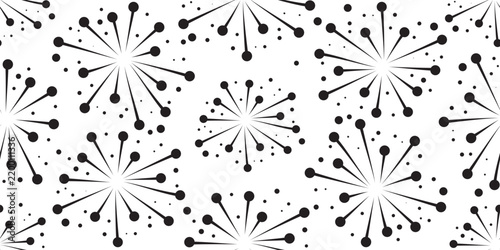 An abstract monochrome seamless pattern featuring black hand-drawn firework bursts, linear sparks, and random dots repeating on a clean white background. 