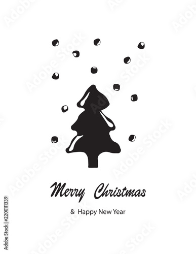 A minimalist monochrome Christmas greeting card illustration featuring a black hand-drawn silhouette of a pine tree under falling snow dots with the festive text Merry Christmas and Happy New Year.
