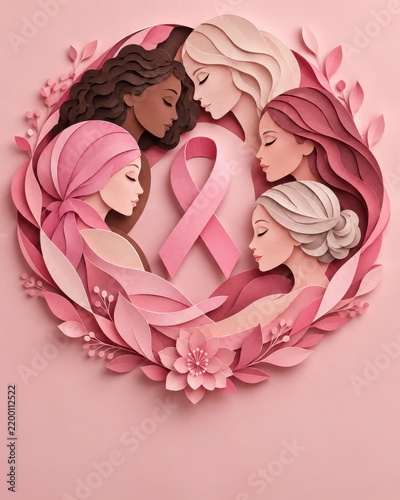 Pink ribbon surrounded by diverse women in a circle representing breast cancer awareness and support