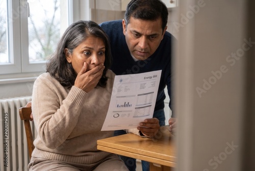 Stressed couple reacting to a high energy bill, experiencing financial shock and inflation impact