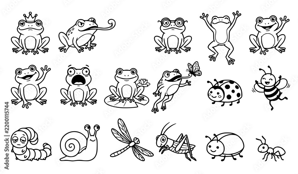 Obraz premium Whimsical Frog and Insect Outline Cartoon Characters Vector Set