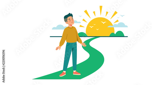 Man walking on a path towards a bright sunrise for a new beginning