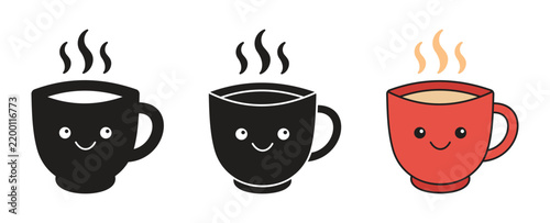 Cute Coffee Cups Vector Set Featuring Kawaii Faces And Steaming Hot Drinks