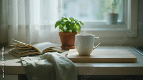 White ceramic coffee mug with steam next to an open book and potted basil plant on a kitchen countertop view