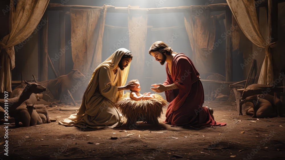 Obraz premium Nativity Scene: Mary, Joseph, and Baby Jesus in Humble Stable Setting - Religious Holiday Illustration