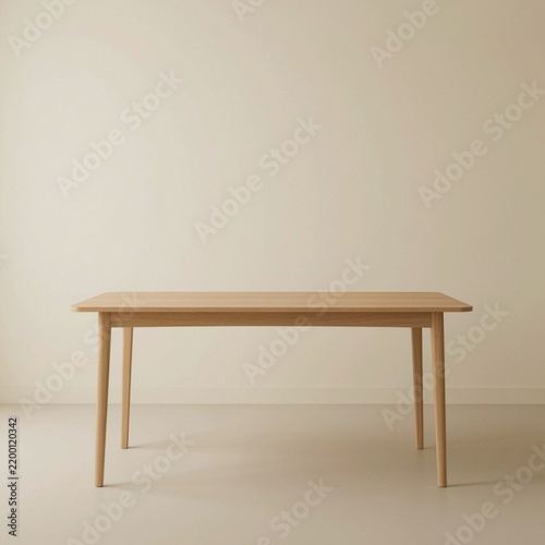 Minimalist wooden dining table isolated in neutral interior room setting