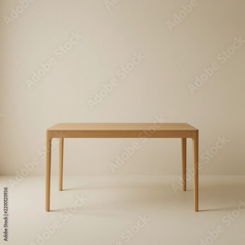 Minimalist wooden dining table isolated in neutral interior room setting